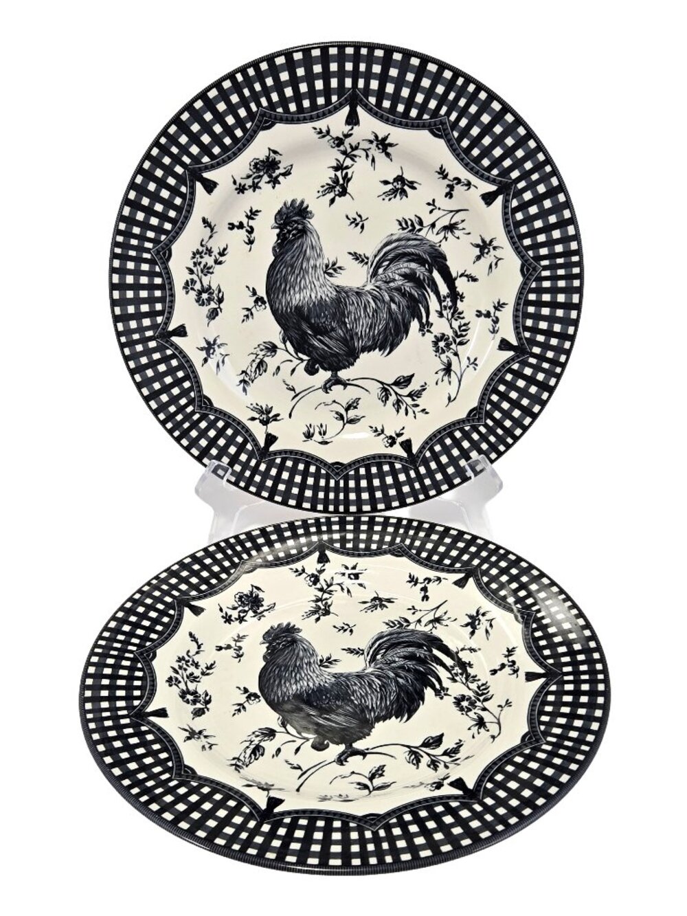 2 Queen's Rooster Black Dinner Plates 10 3/4"